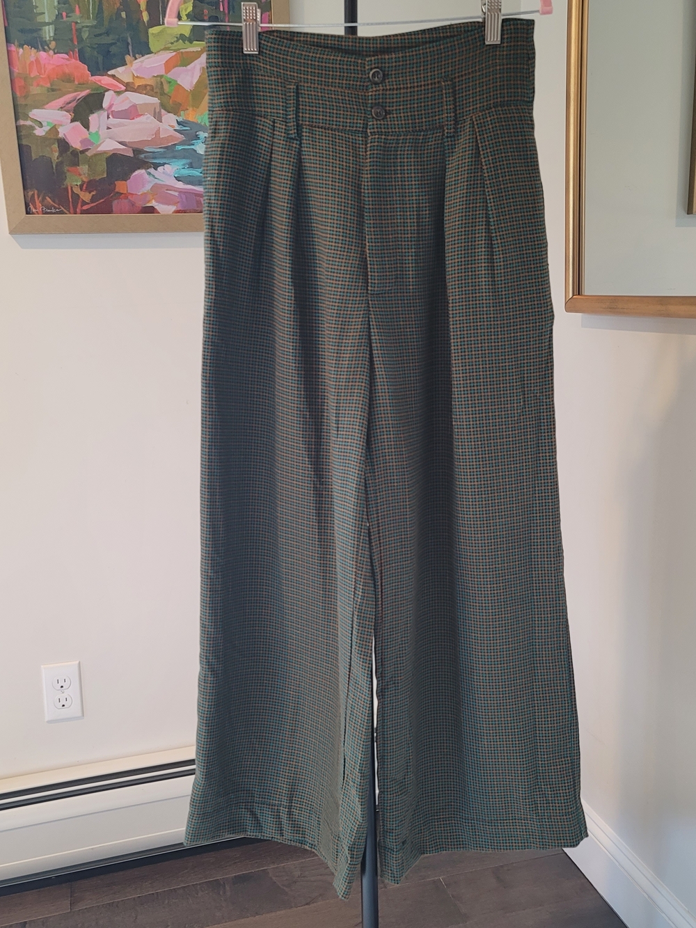 CIDER Houdstooth High Waist Wide Leg Cropped Trousers Green Women's Size M
